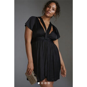 NEW Anthropolgie Plus Size Babydoll Mini Dress Short Slevve Black Satin 26W